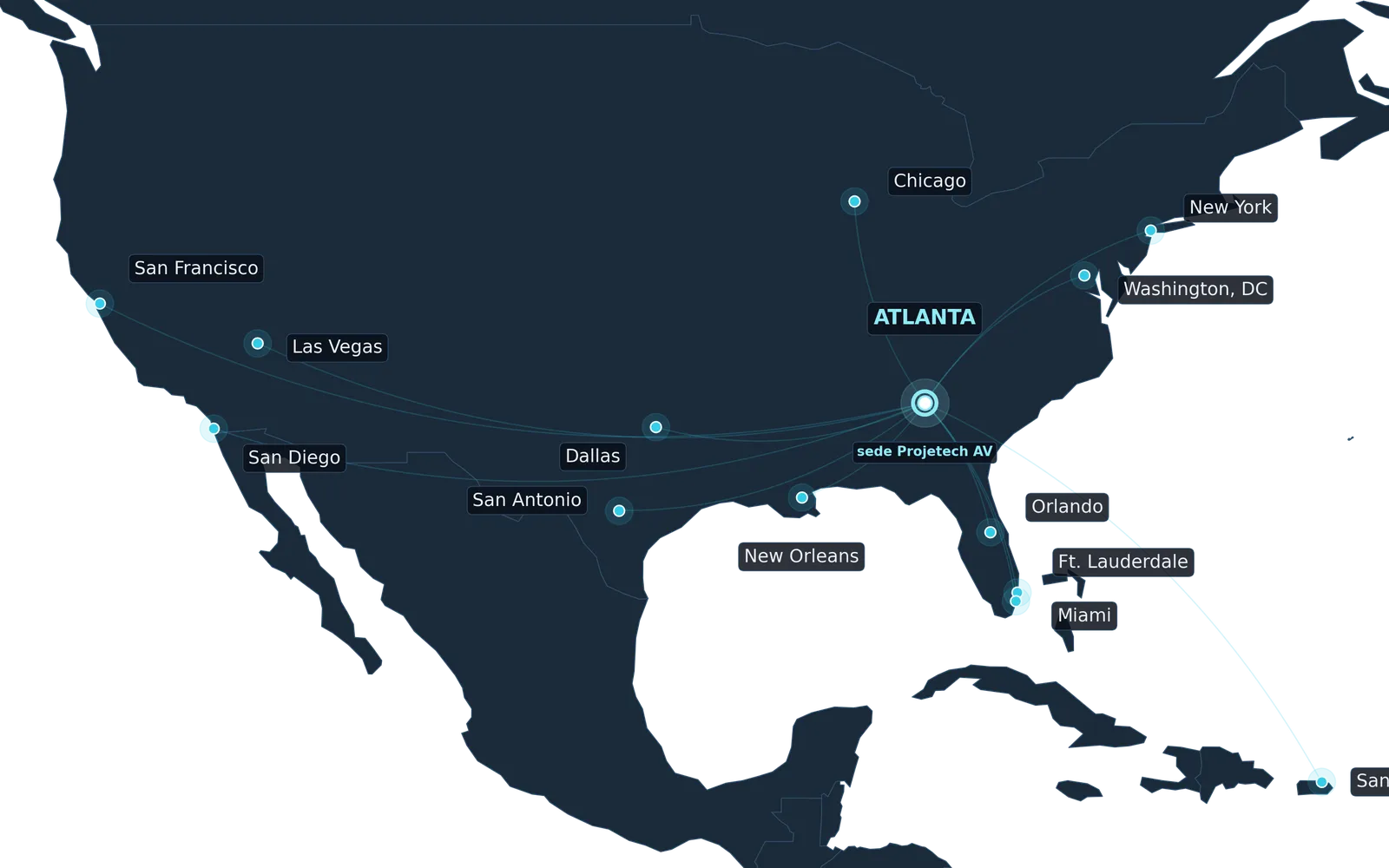 Map of the United States with the cities served by Projetech AV