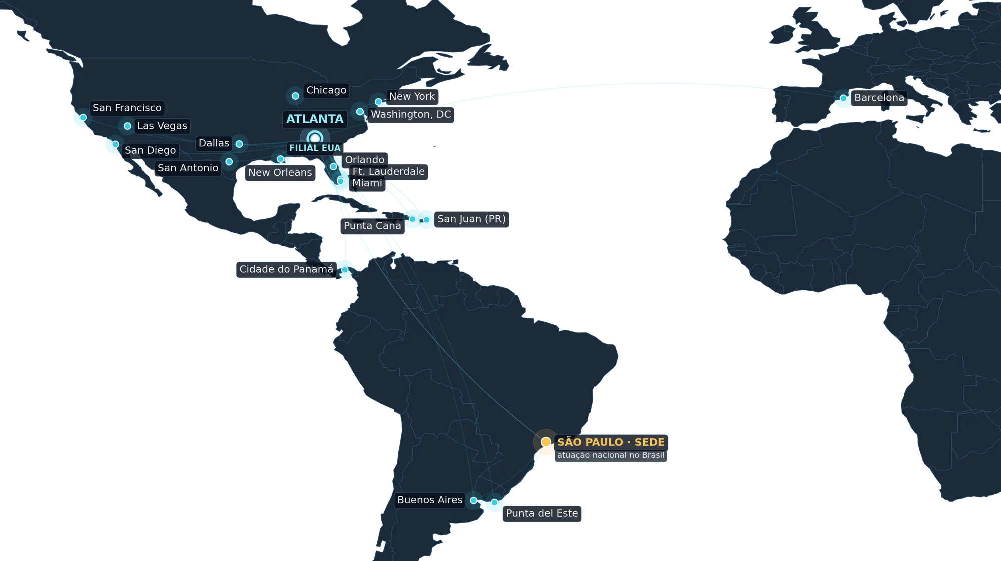 World map with the cities where Projetech has delivered events